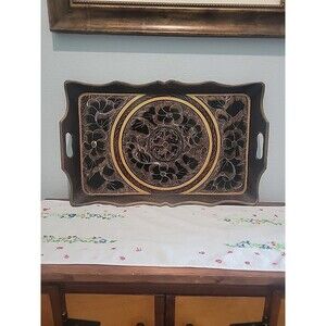 Vintage Mexican hand painted Wood Tray Folk art craft floral Black and Gold FLAW